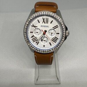 Fossil AM4623 Cecile Crystal Accented 40mm Quartz Brown Leather Strap Women's